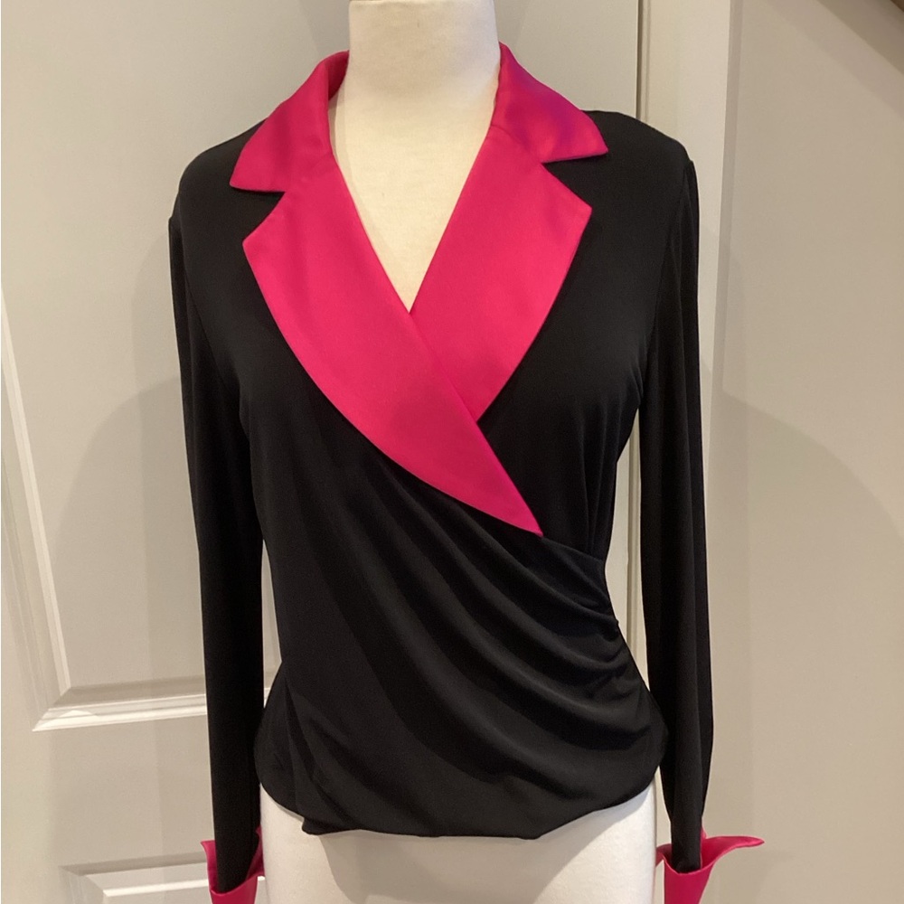 Chic Black and Pink Wrap Blouse with Notched Collar